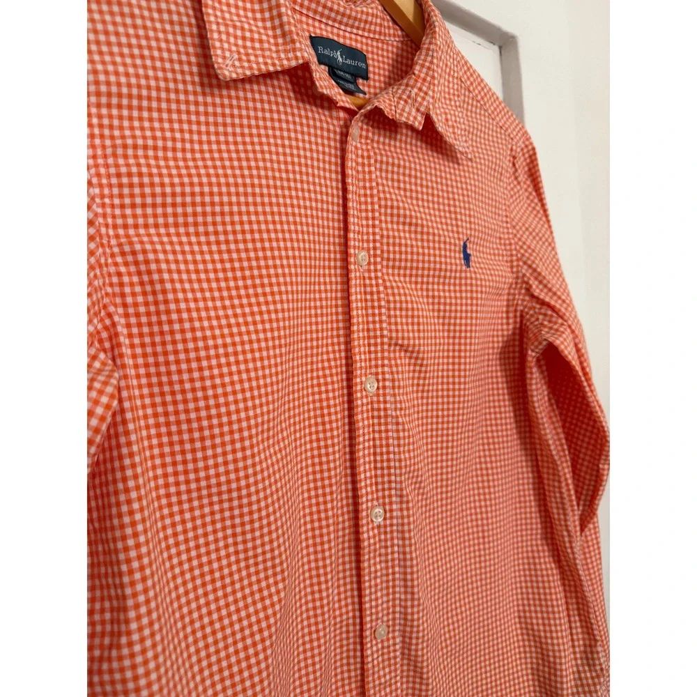 Polo Ralph Lauren Kids Orange Gingham Cotton Button Down Shirt L 14-16 Slim Fit